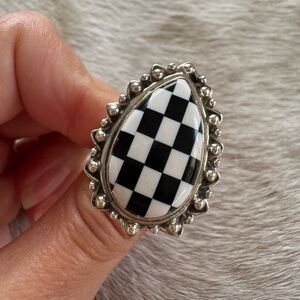 Checkered Black and White Teardrop Ring